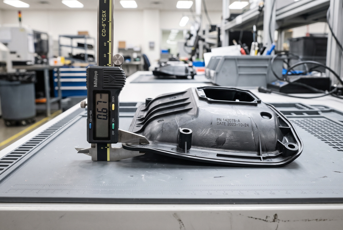 Digital caliper measuring a slightly warped injection molded plastic part on a flat surface