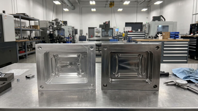 Aluminum mold insert and hardened steel mold insert side by side on a workbench Figcaption： Soft tooling in aluminum (left) and hard tooling in hardened tool steel (right): same cavity concept, different service life.