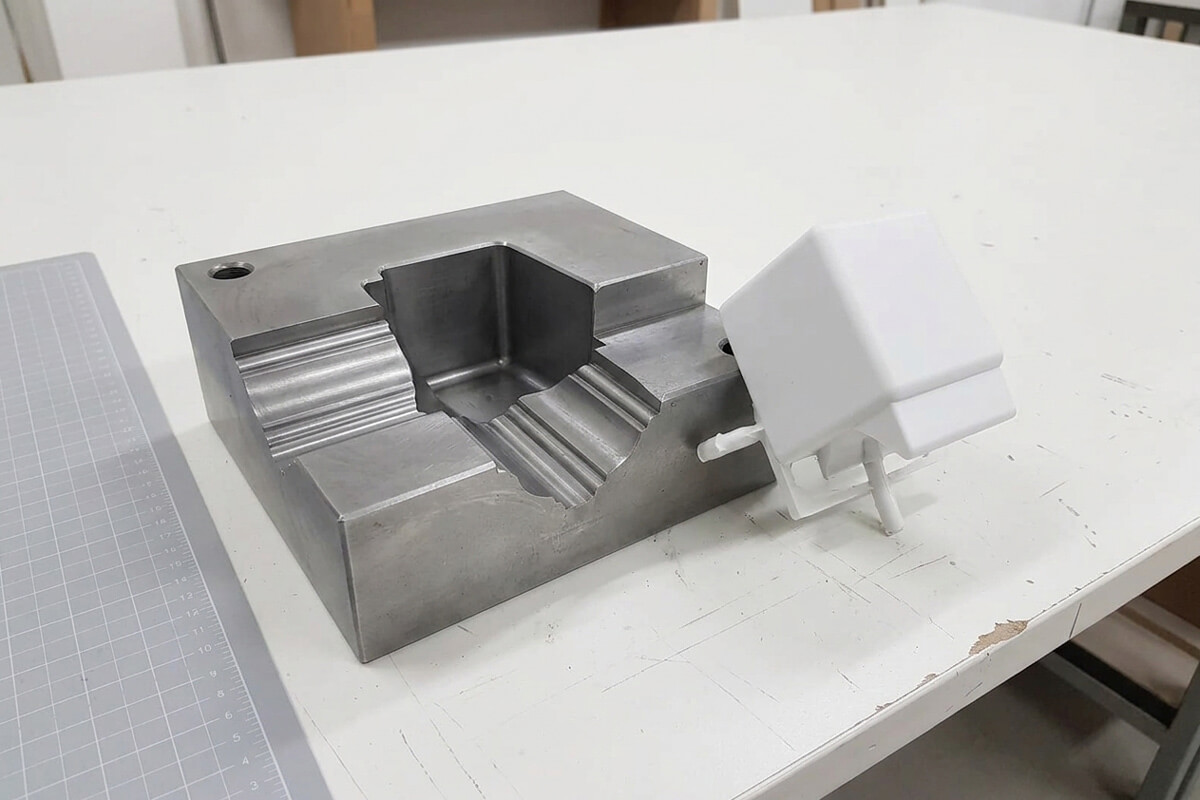 Steel mold cavity insert next to a first-shot molded corner block still attached to its runner