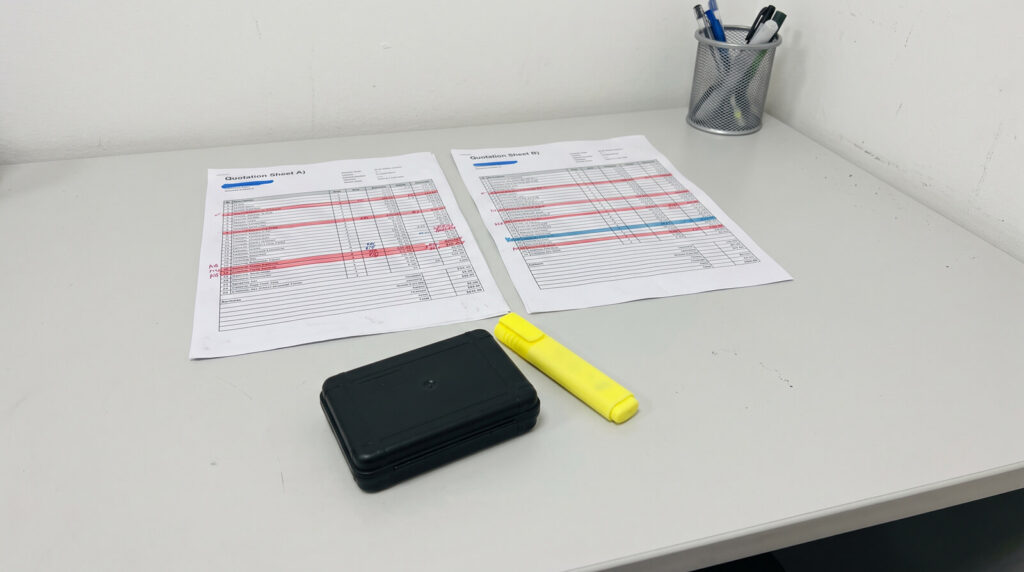 Two printed injection molding quotations side by side on a desk with a black molded sample part and a highlighter