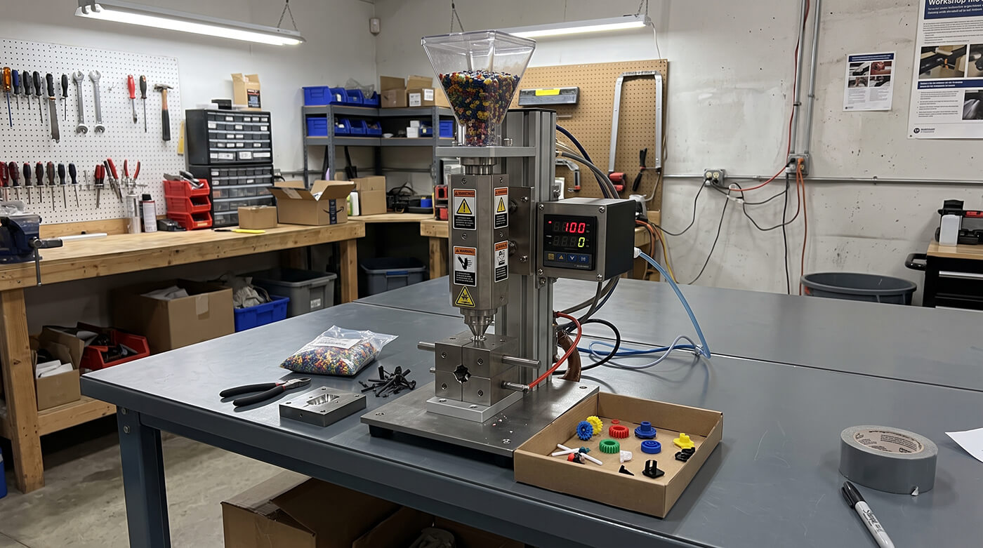 Small benchtop injection molding machine on a workbench next to a handful of molded plastic parts