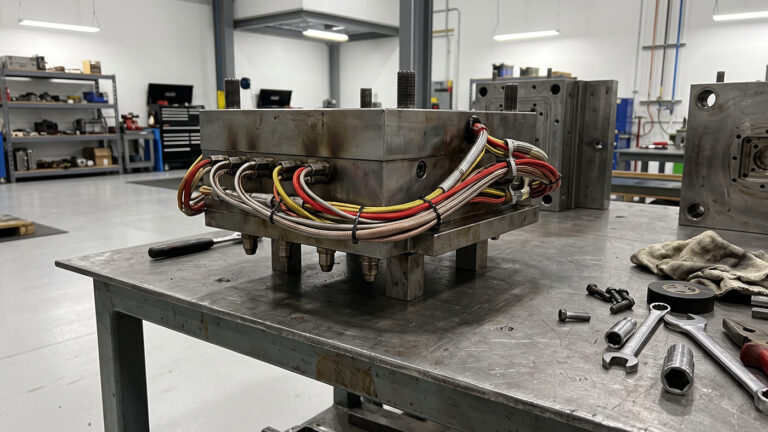 Hot runner manifold with multiple nozzles and heater wiring resting on a workbench
