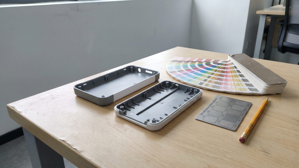 Industrial design workspace showing molded plastic enclosure prototypes, Pantone color swatches, and VDI texture plaques on a desk