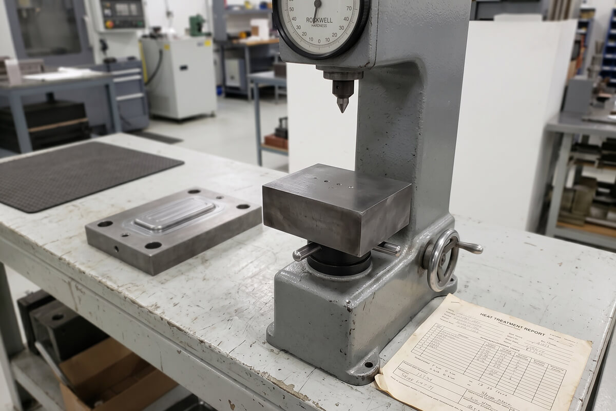 Rockwell hardness tester next to a hardened mold steel block and a printed heat treatment certificate