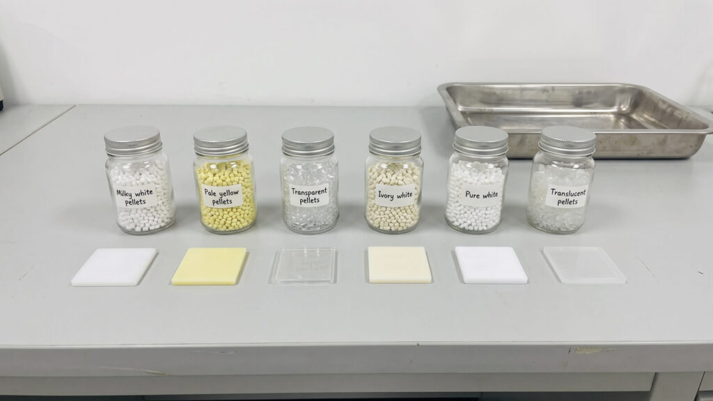 Six glass jars of different plastic resin pellets above a row of matching injection molded sample chips on a lab bench